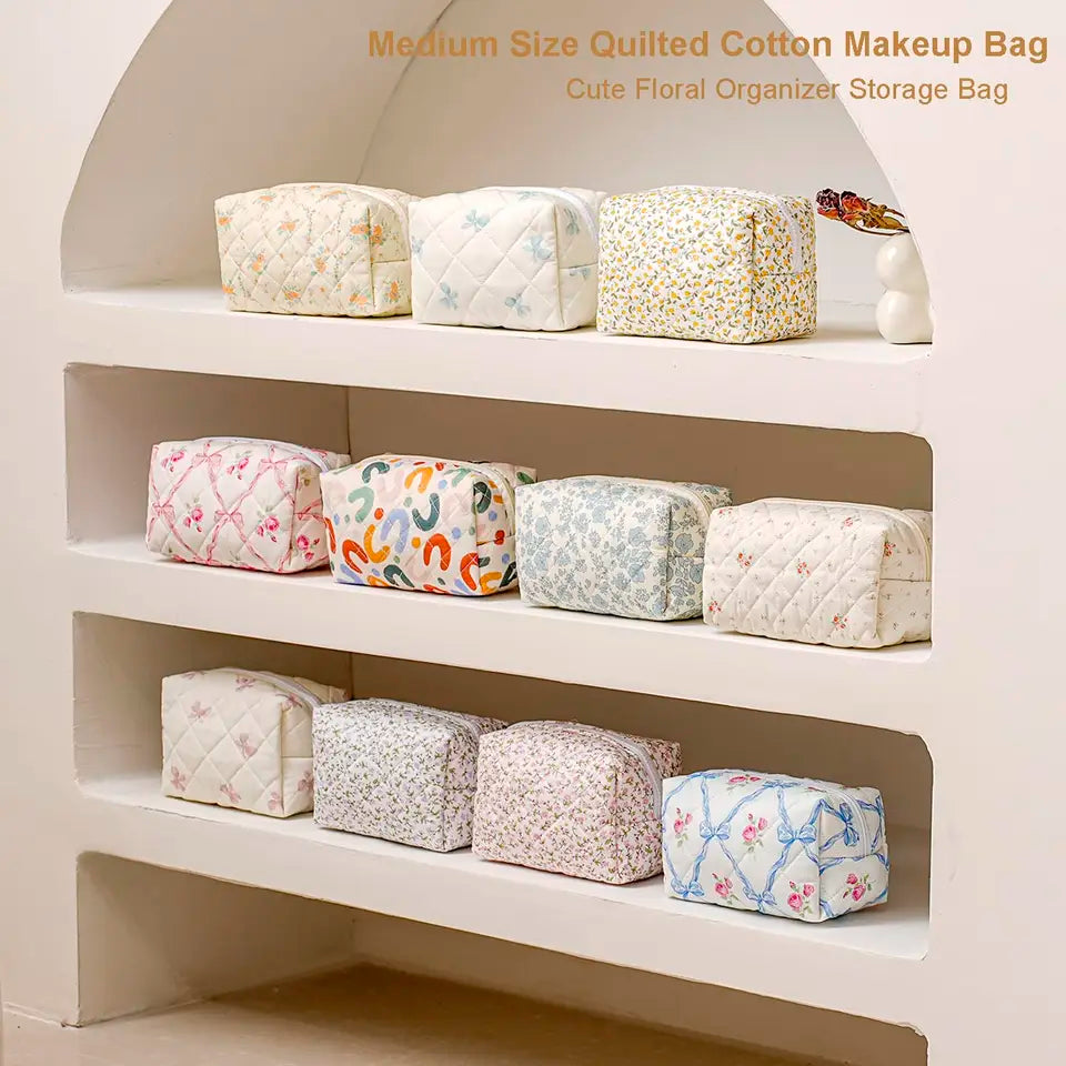 Storage Organizer Floral Puffy Quilted Makeup Bag Flower Printed Cosmetic Pouch Large Travel Cosmetic Bag Make up Aesthetic