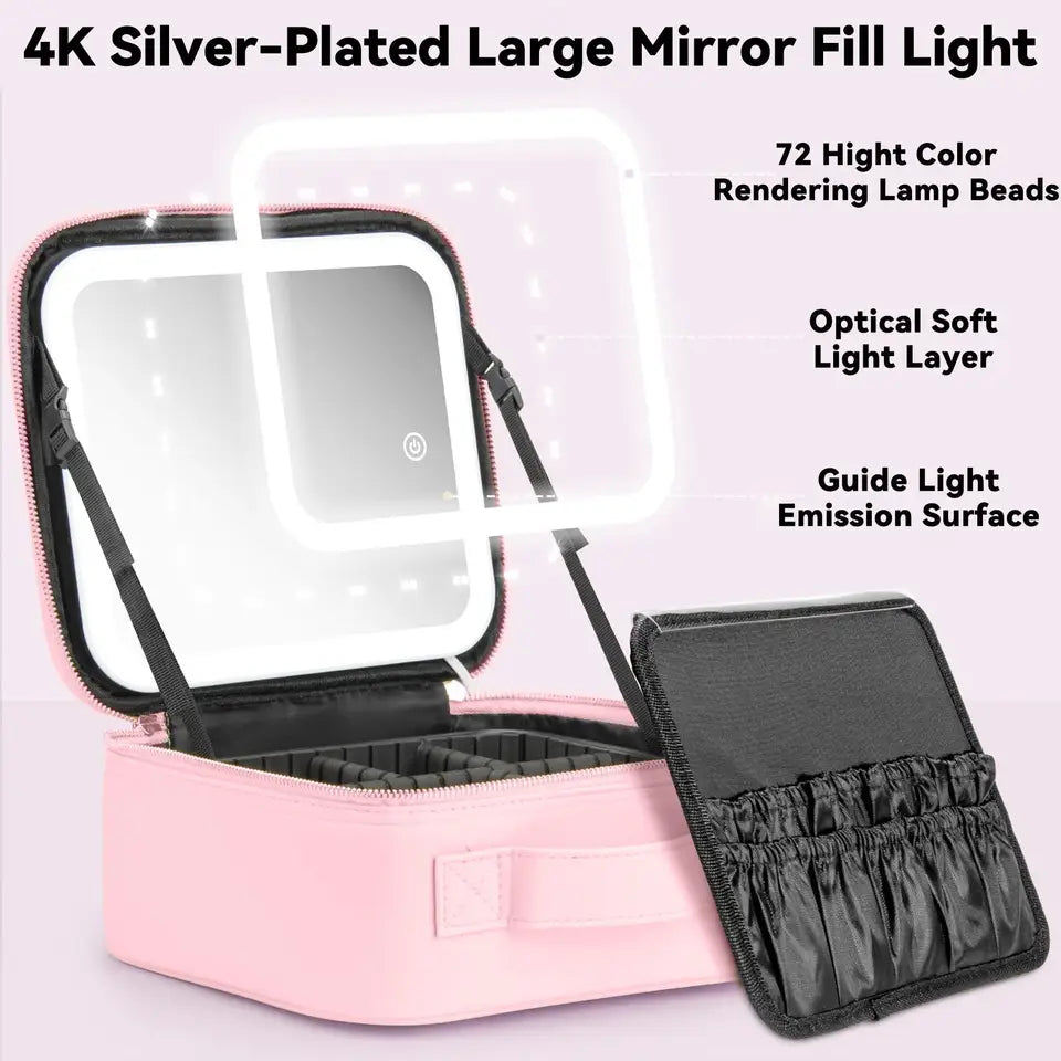 LED Lighted Makeup Bag with Mirror, 3-Color LED Lighted Makeup Case with Adjustable Dividers, Travel Bag & Bag with Mirror