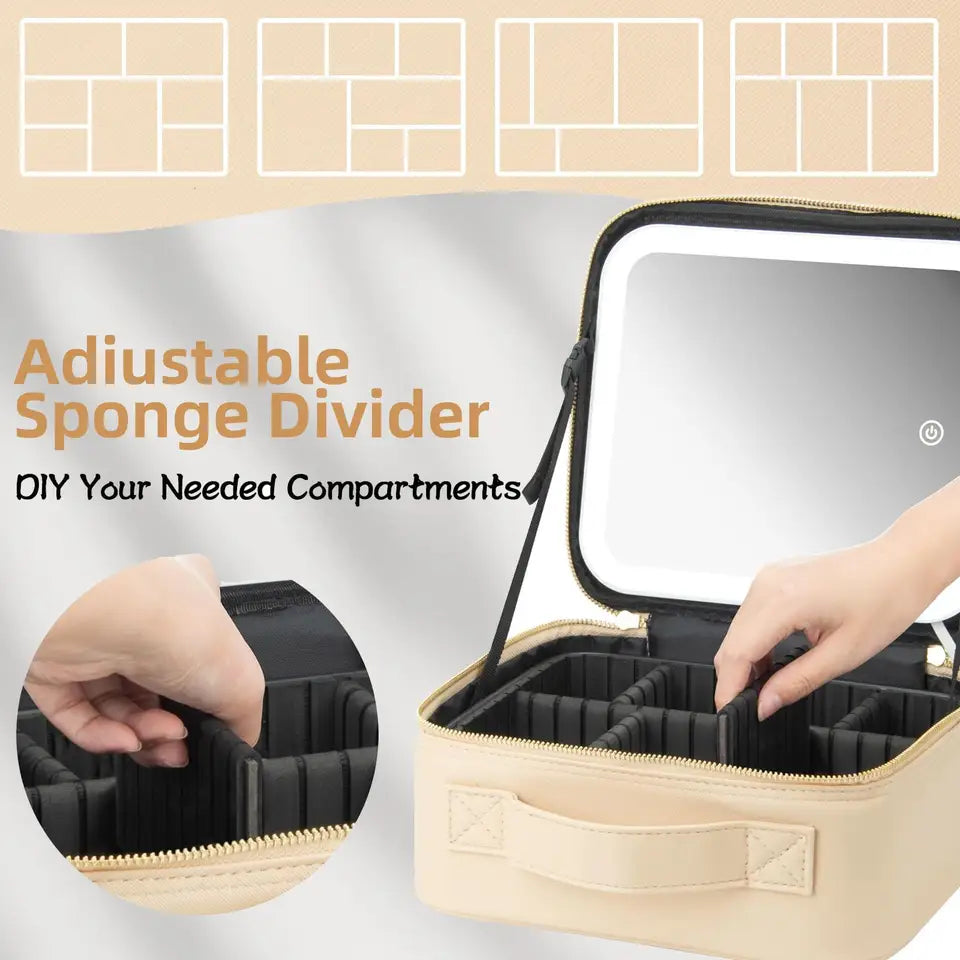 LED Lighted Makeup Bag with Mirror, 3-Color LED Lighted Makeup Case with Adjustable Dividers, Travel Bag & Bag with Mirror