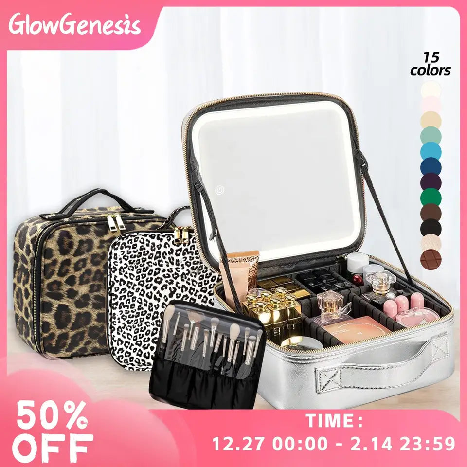 LED Lighted Makeup Bag with Mirror, 3-Color LED Lighted Makeup Case with Adjustable Dividers, Travel Bag & Bag with Mirror