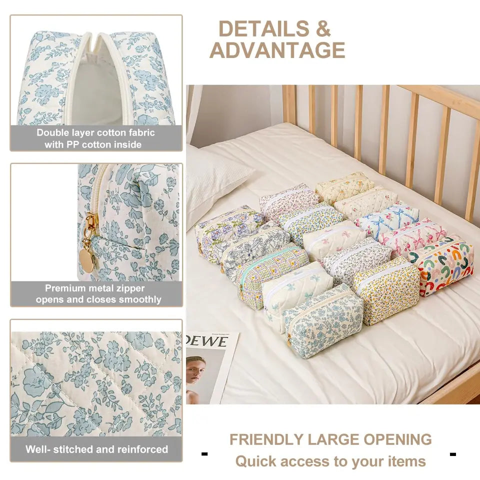 Storage Organizer Floral Puffy Quilted Makeup Bag Flower Printed Cosmetic Pouch Large Travel Cosmetic Bag Make up Aesthetic