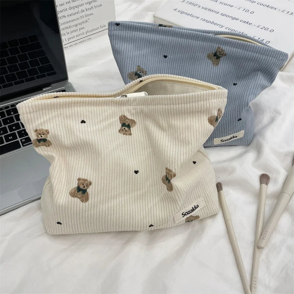 Cute Cartoon Bear Women's Corduroy Cosmetic Bags Portable Ladies Clutch Purse Lipstick Makeup Case Commute Female Storage Bag