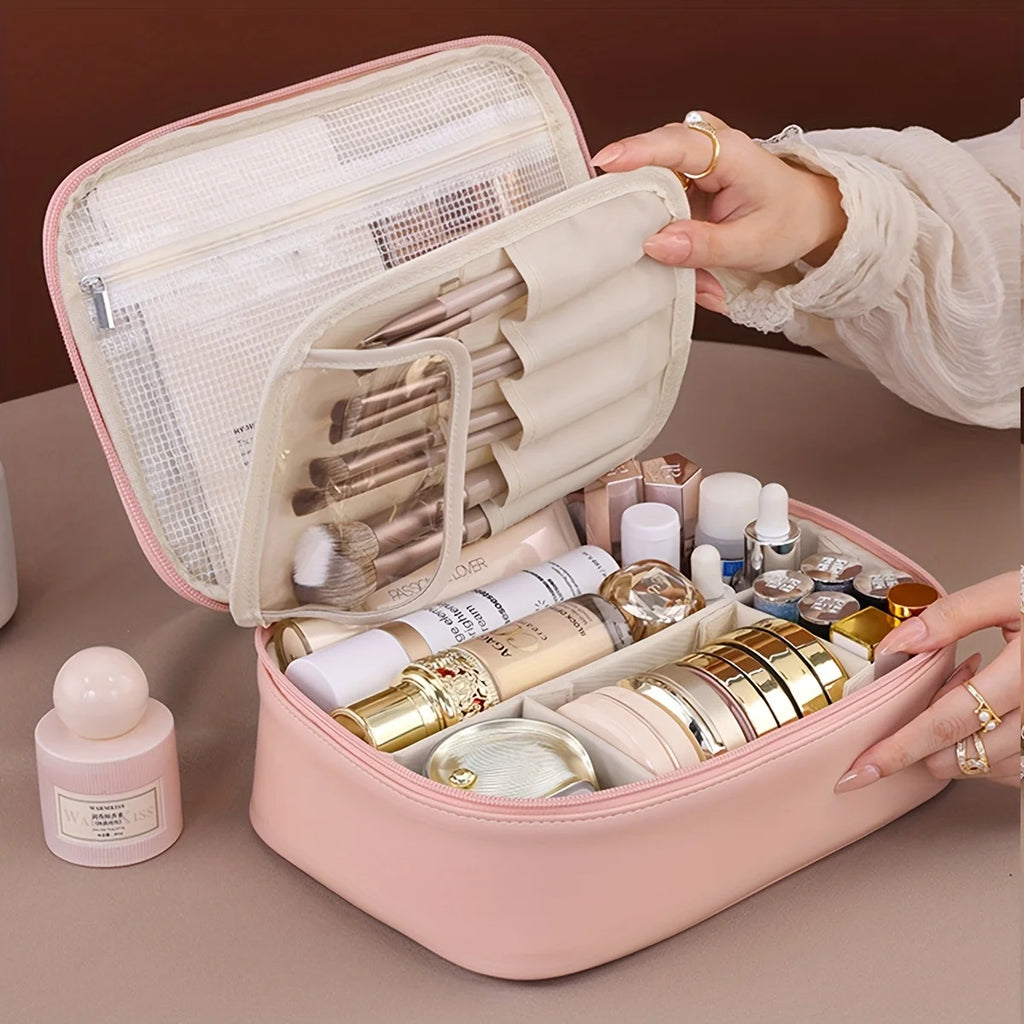 PU Leather Double Layer Makeup Bag Large Capacity Cosmetic Bags Luxury Cosmetics Organizer Women's Travel Essentials