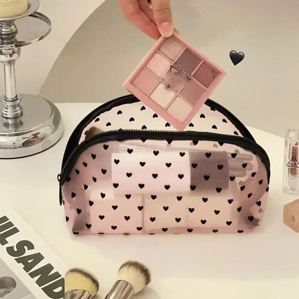 Heart Transparent Mesh Makeup Bag Multifunction Black/Pink Women Cosmetic Storage Pouch Portable Ladies Toiletry Storage Bag