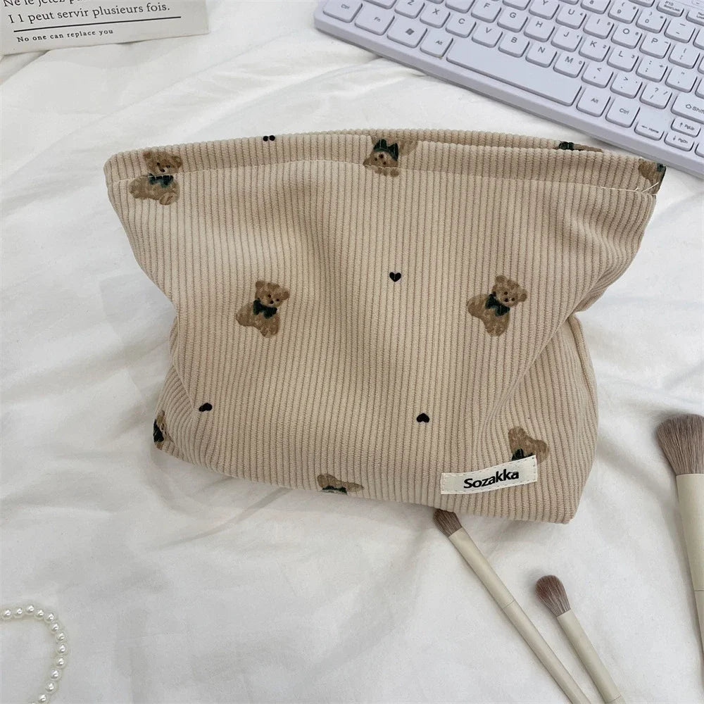 Cute Cartoon Bear Women's Corduroy Cosmetic Bags Portable Ladies Clutch Purse Lipstick Makeup Case Commute Female Storage Bag