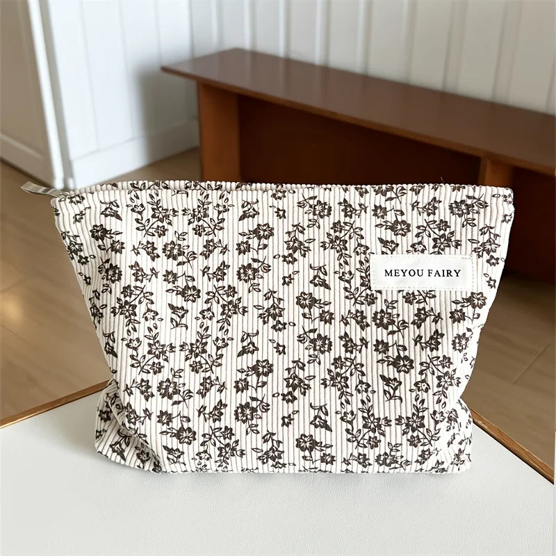 Ladies large minimalist style makeup bag - Elegant zipper travel storage bag with bow pattern, durable handbag