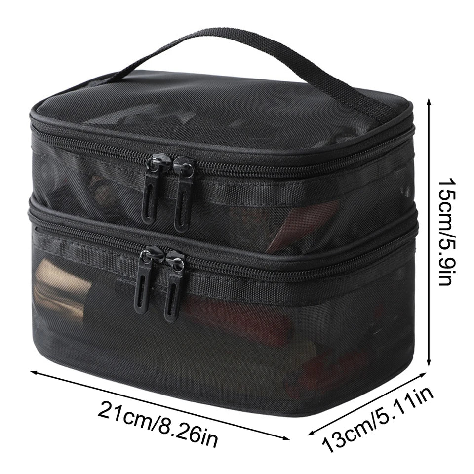 Double Layer Mesh Makeup Bag, Wash Bag, Women's Portable New Large Capacity Storage Bag, Cosmetics Storage Bag
