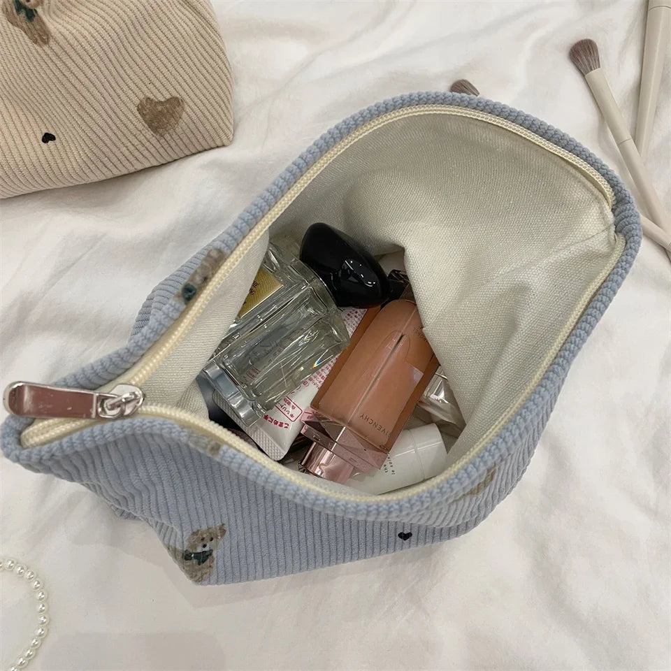 Cute Cartoon Bear Women's Corduroy Cosmetic Bags Portable Ladies Clutch Purse Lipstick Makeup Case Commute Female Storage Bag