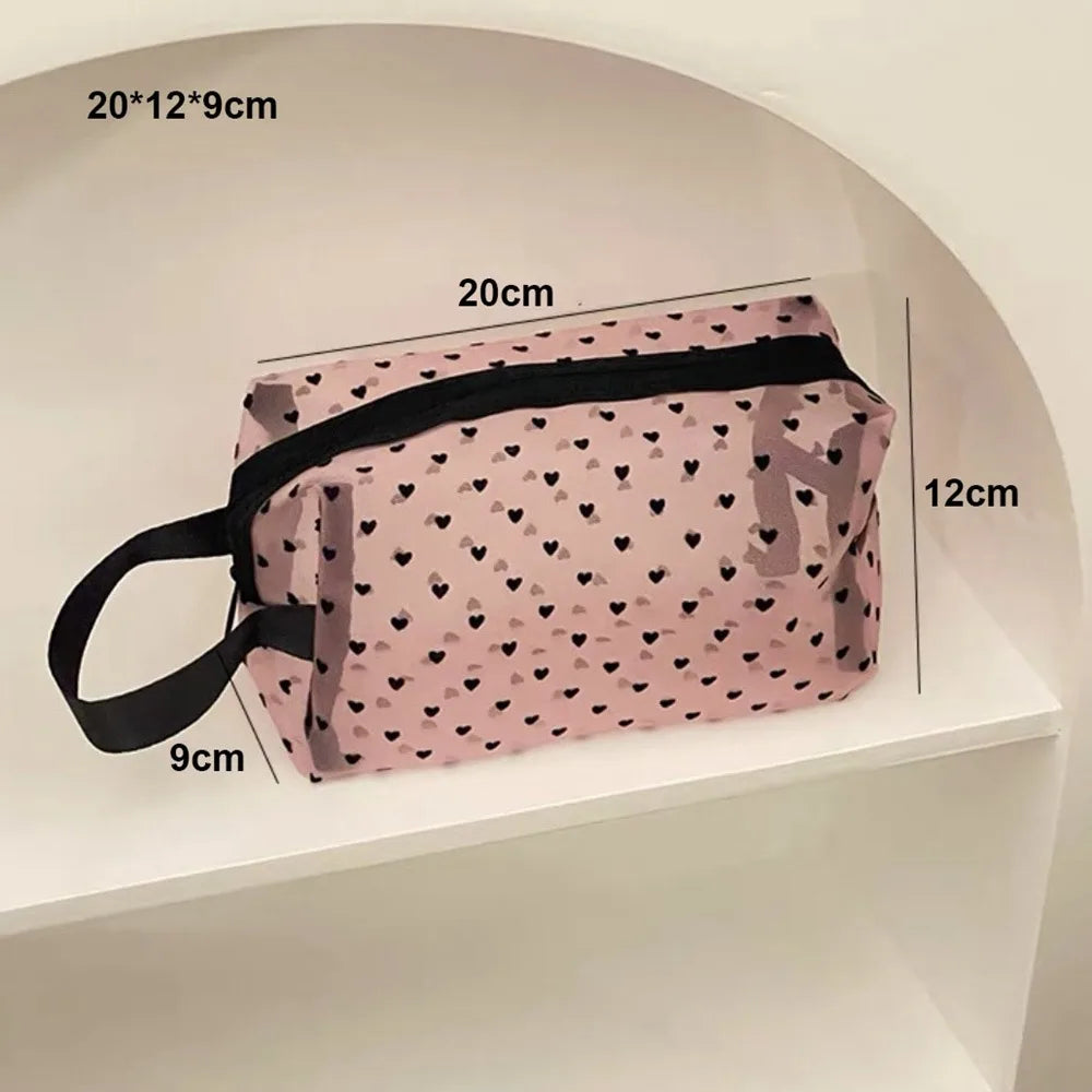Heart Transparent Mesh Makeup Bag Multifunction Black/Pink Women Cosmetic Storage Pouch Portable Ladies Toiletry Storage Bag