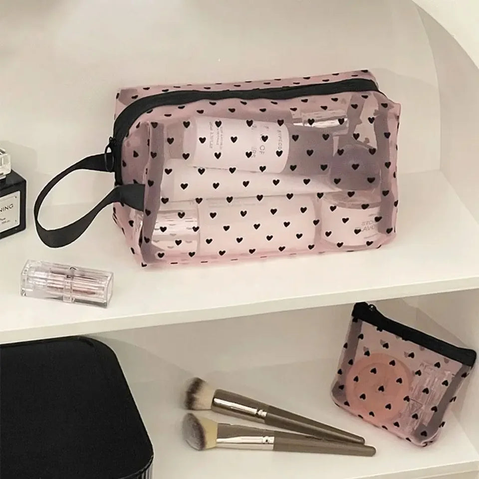 Heart Transparent Mesh Makeup Bag Multifunction Black/Pink Women Cosmetic Storage Pouch Portable Ladies Toiletry Storage Bag