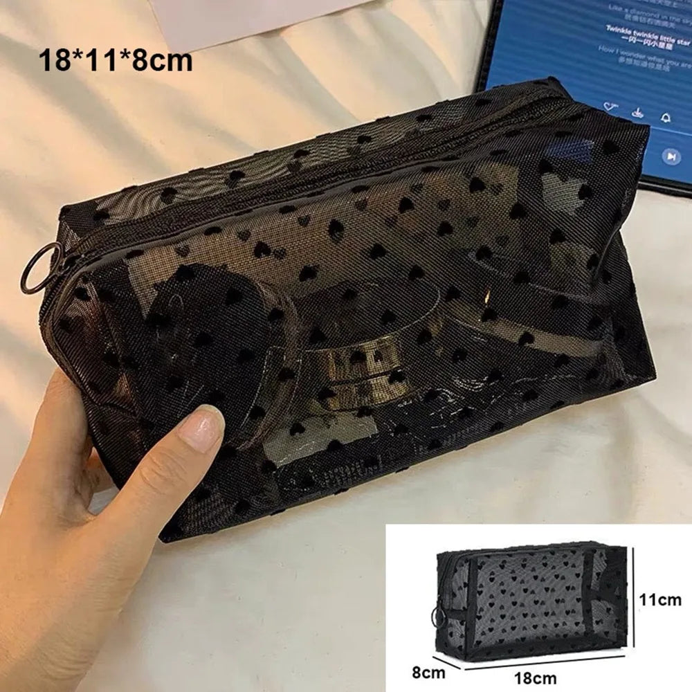 Heart Transparent Mesh Makeup Bag Multifunction Black/Pink Women Cosmetic Storage Pouch Portable Ladies Toiletry Storage Bag