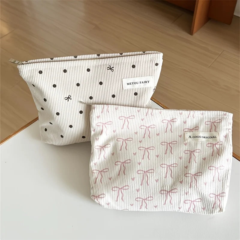 Ladies large minimalist style makeup bag - Elegant zipper travel storage bag with bow pattern, durable handbag