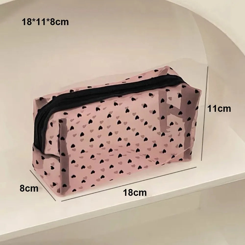 Heart Transparent Mesh Makeup Bag Multifunction Black/Pink Women Cosmetic Storage Pouch Portable Ladies Toiletry Storage Bag