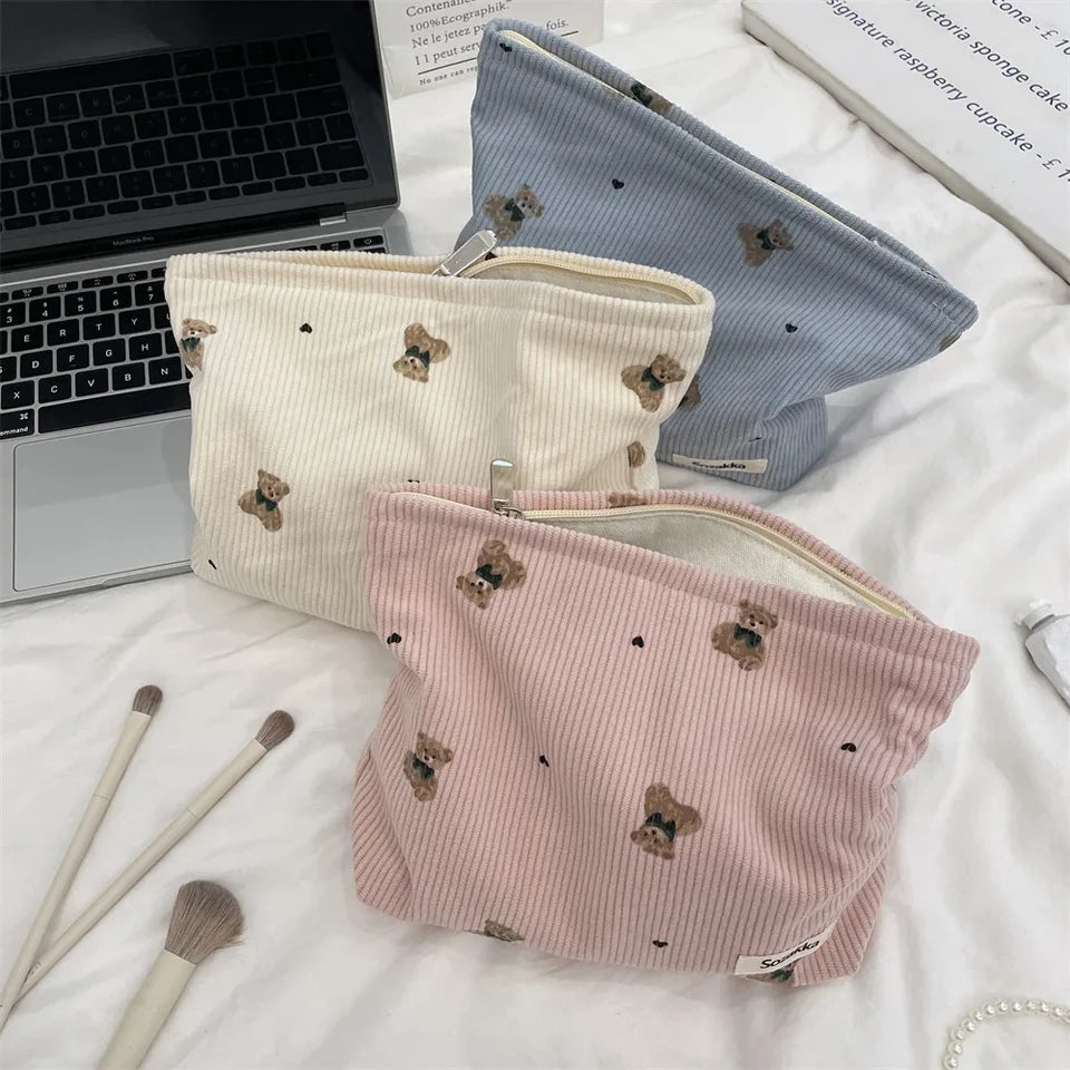 Cute Cartoon Bear Women's Corduroy Cosmetic Bags Portable Ladies Clutch Purse Lipstick Makeup Case Commute Female Storage Bag