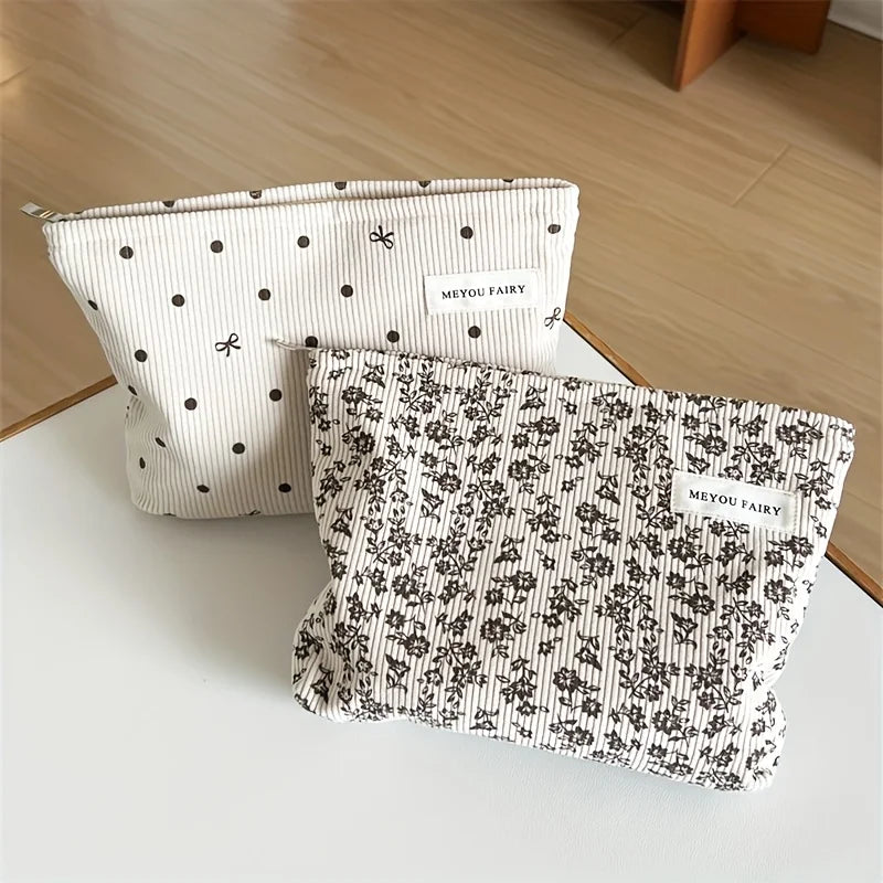 Ladies large minimalist style makeup bag - Elegant zipper travel storage bag with bow pattern, durable handbag