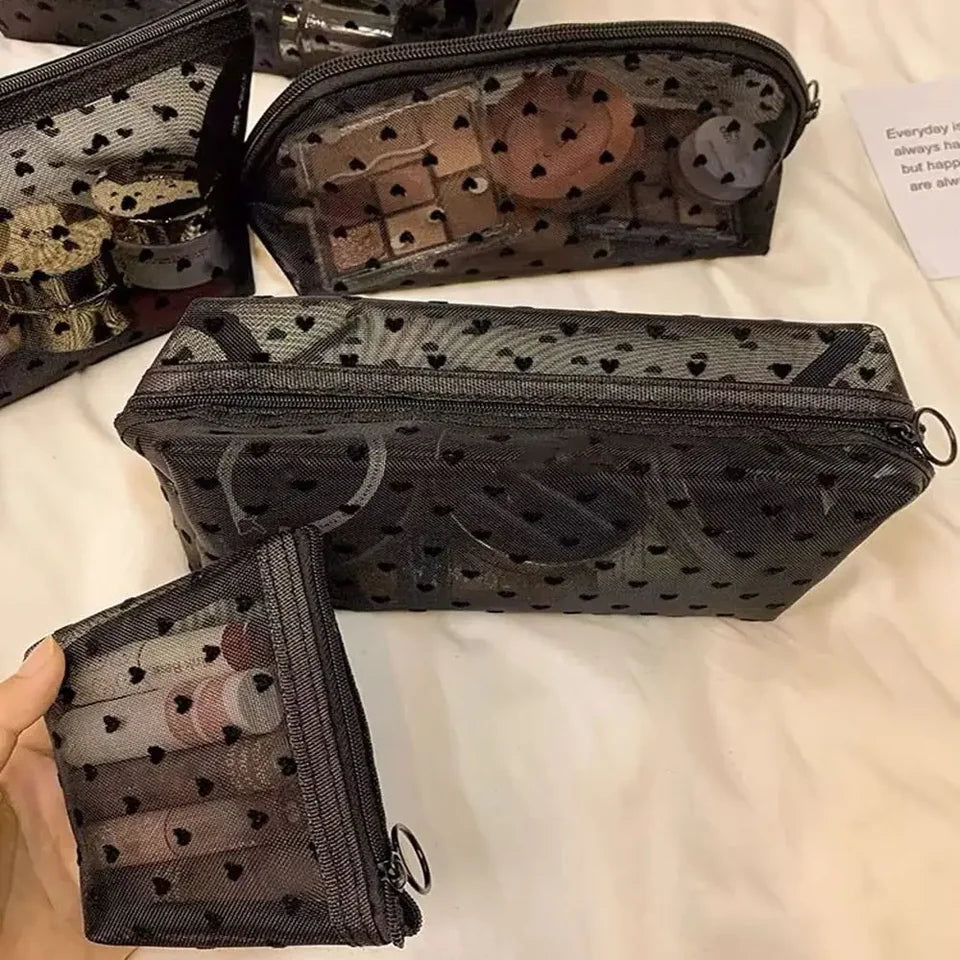 Heart Transparent Mesh Makeup Bag Multifunction Black/Pink Women Cosmetic Storage Pouch Portable Ladies Toiletry Storage Bag