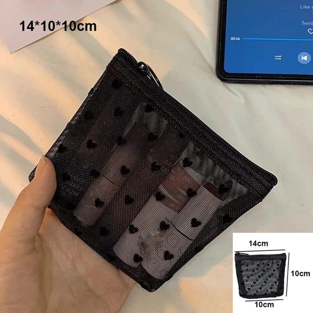 Heart Transparent Mesh Makeup Bag Multifunction Black/Pink Women Cosmetic Storage Pouch Portable Ladies Toiletry Storage Bag