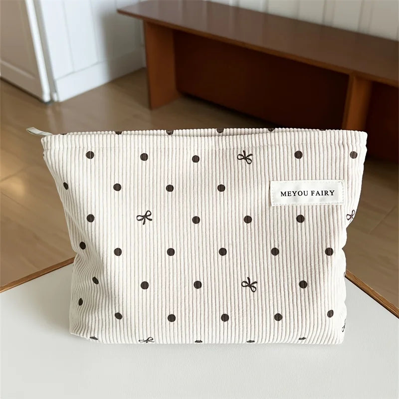 Ladies large minimalist style makeup bag - Elegant zipper travel storage bag with bow pattern, durable handbag