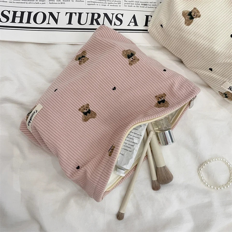 Cute Cartoon Bear Women's Corduroy Cosmetic Bags Portable Ladies Clutch Purse Lipstick Makeup Case Commute Female Storage Bag