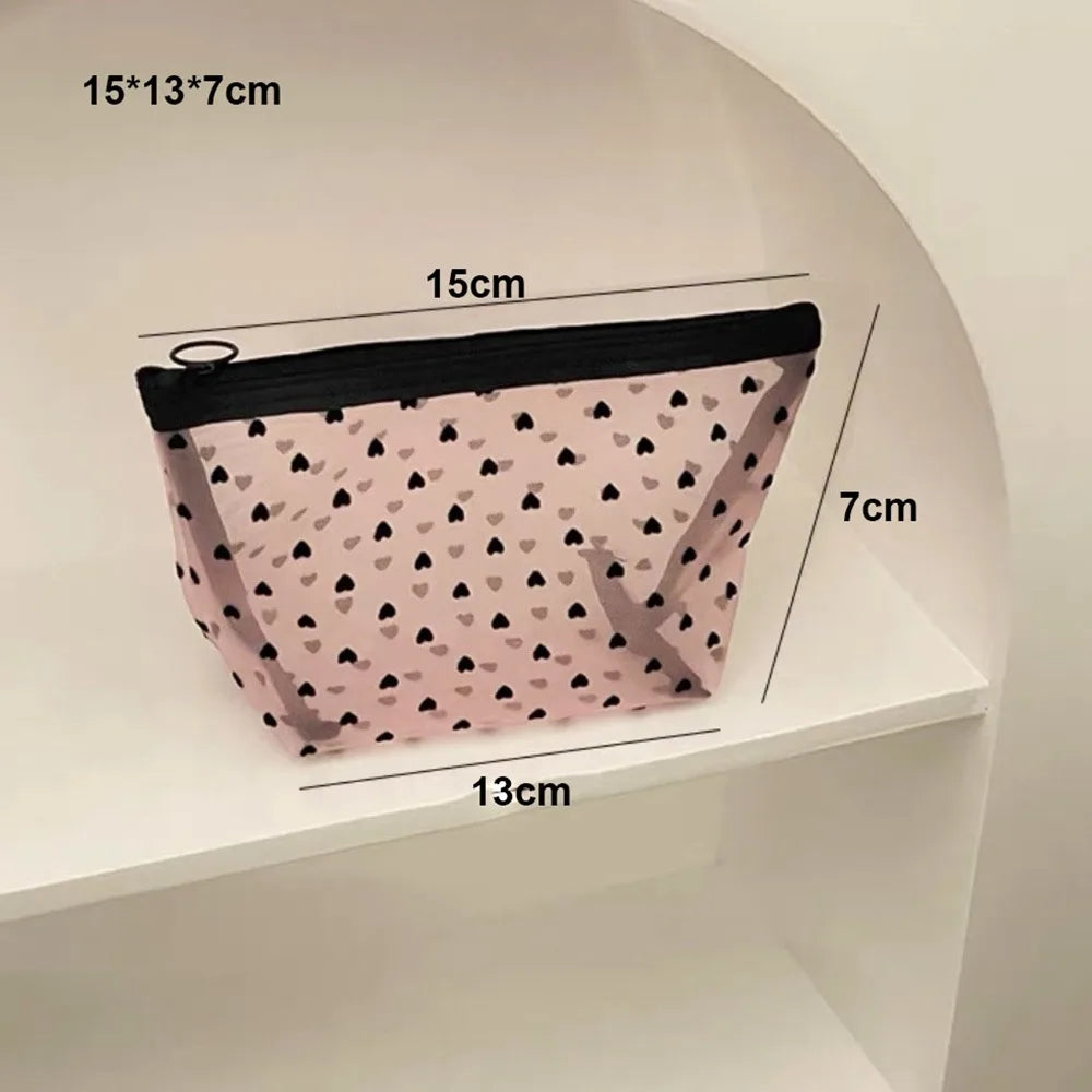 Heart Transparent Mesh Makeup Bag Multifunction Black/Pink Women Cosmetic Storage Pouch Portable Ladies Toiletry Storage Bag