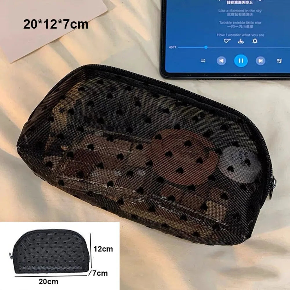 Heart Transparent Mesh Makeup Bag Multifunction Black/Pink Women Cosmetic Storage Pouch Portable Ladies Toiletry Storage Bag