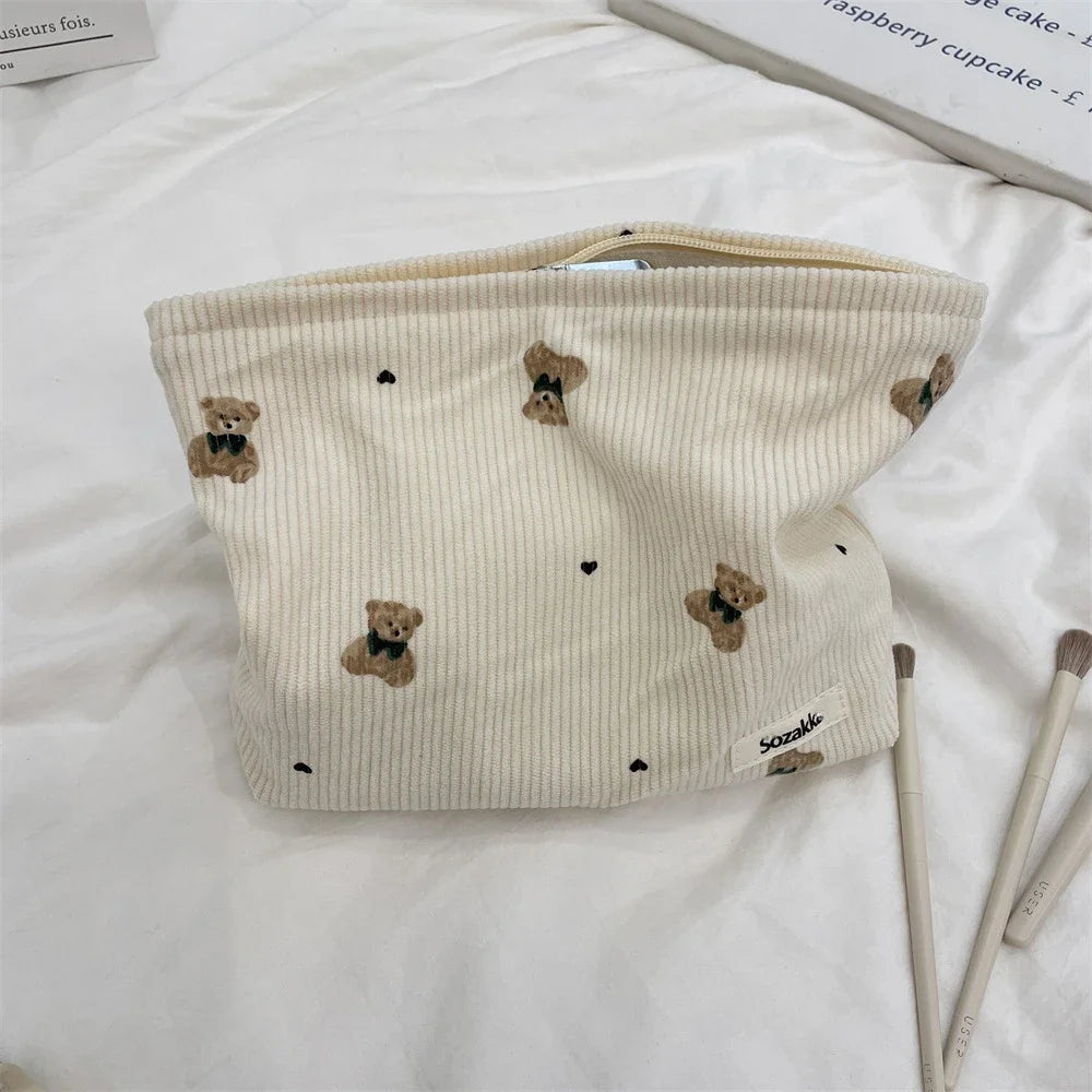 Cute Cartoon Bear Women's Corduroy Cosmetic Bags Portable Ladies Clutch Purse Lipstick Makeup Case Commute Female Storage Bag