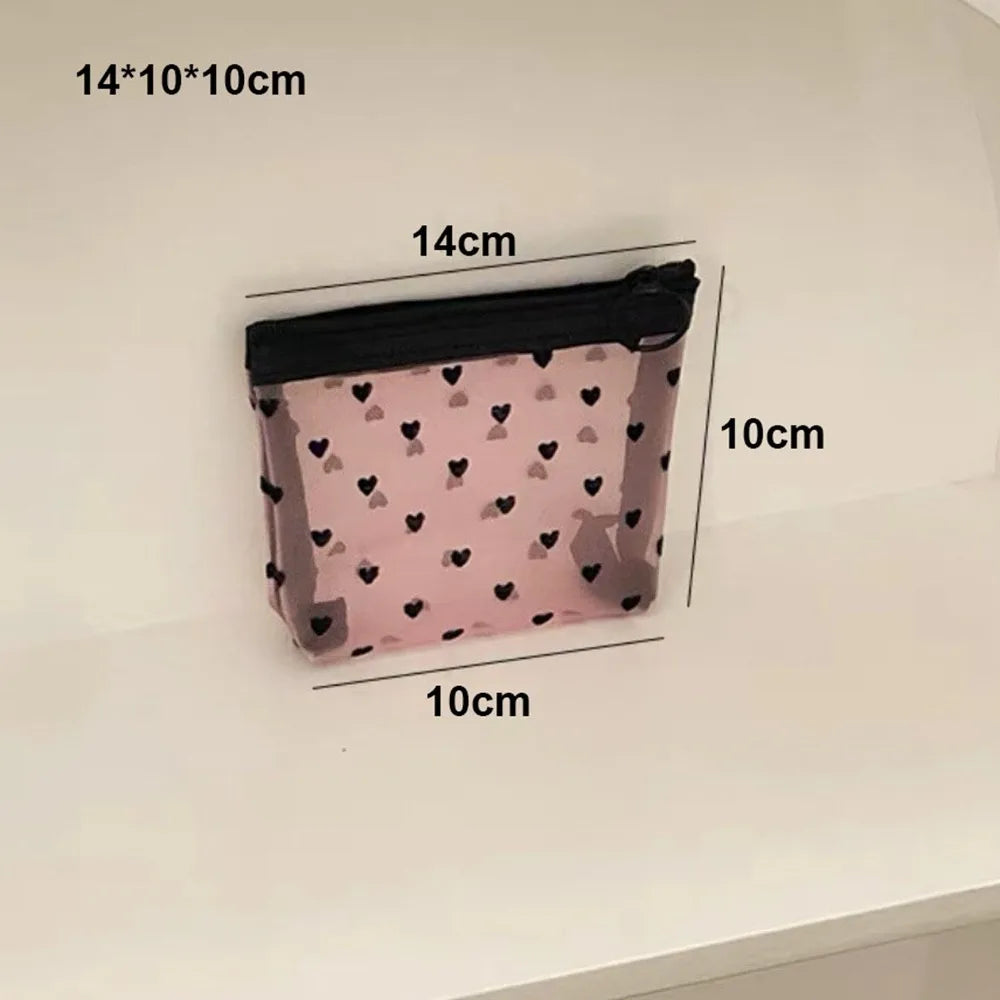Heart Transparent Mesh Makeup Bag Multifunction Black/Pink Women Cosmetic Storage Pouch Portable Ladies Toiletry Storage Bag
