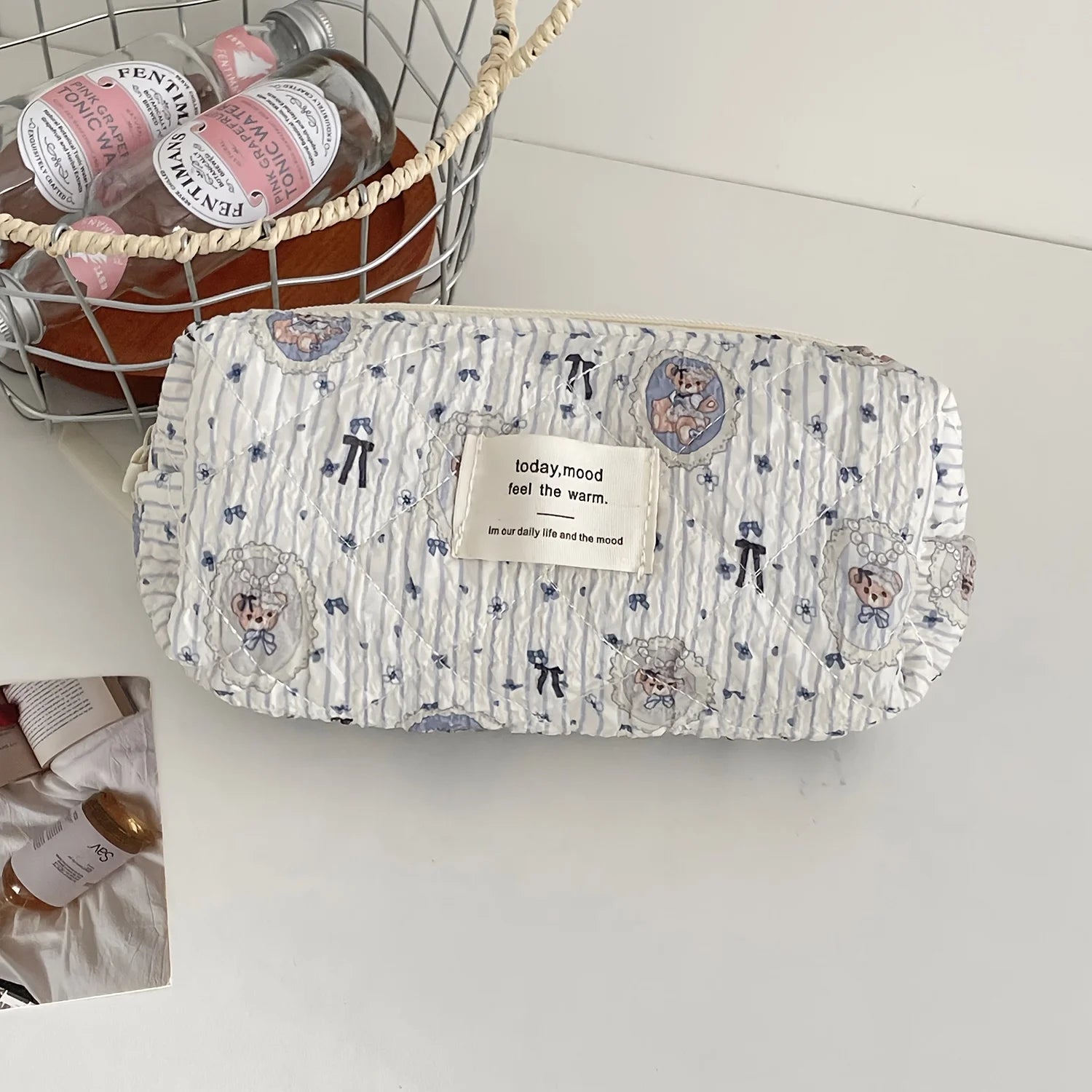 Storage Organizer Floral Puffy Quilted Makeup Bag Flower Printed Cosmetic Pouch Large Travel Cosmetic Bag Make up Aesthetic