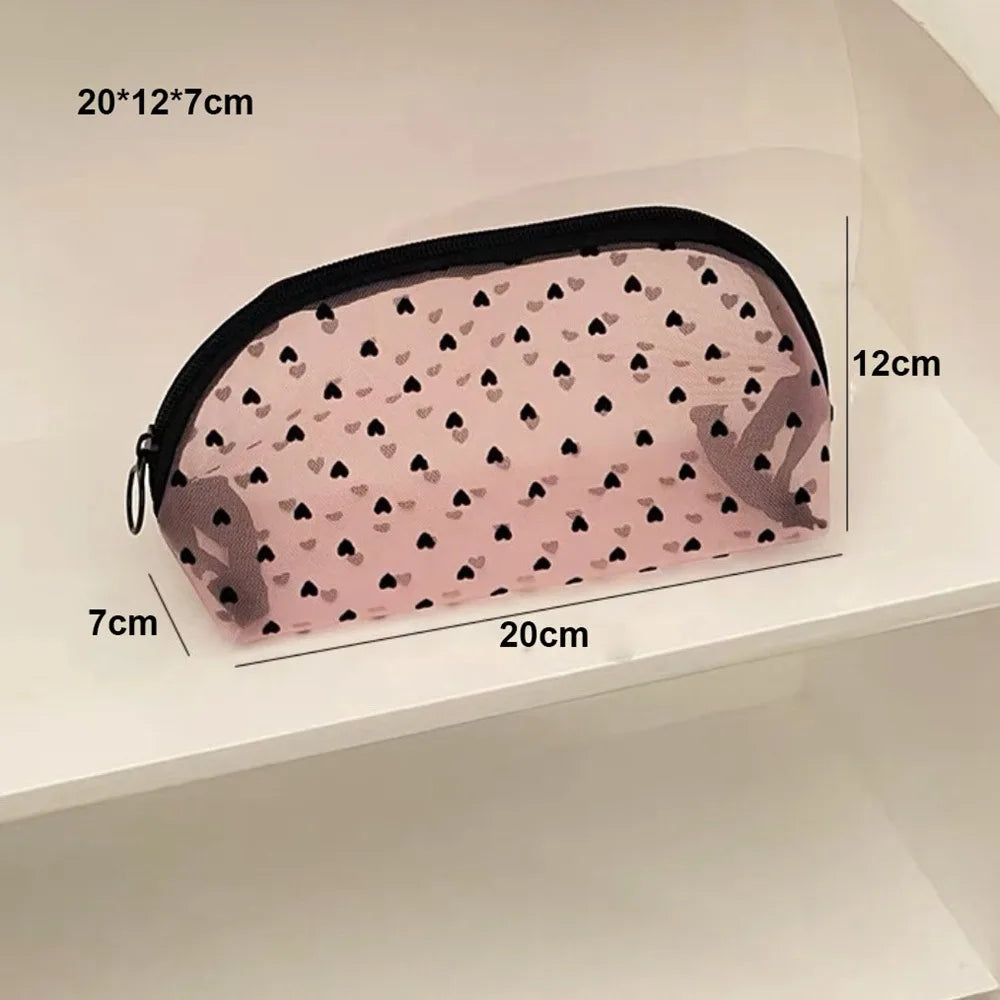 Heart Transparent Mesh Makeup Bag Multifunction Black/Pink Women Cosmetic Storage Pouch Portable Ladies Toiletry Storage Bag