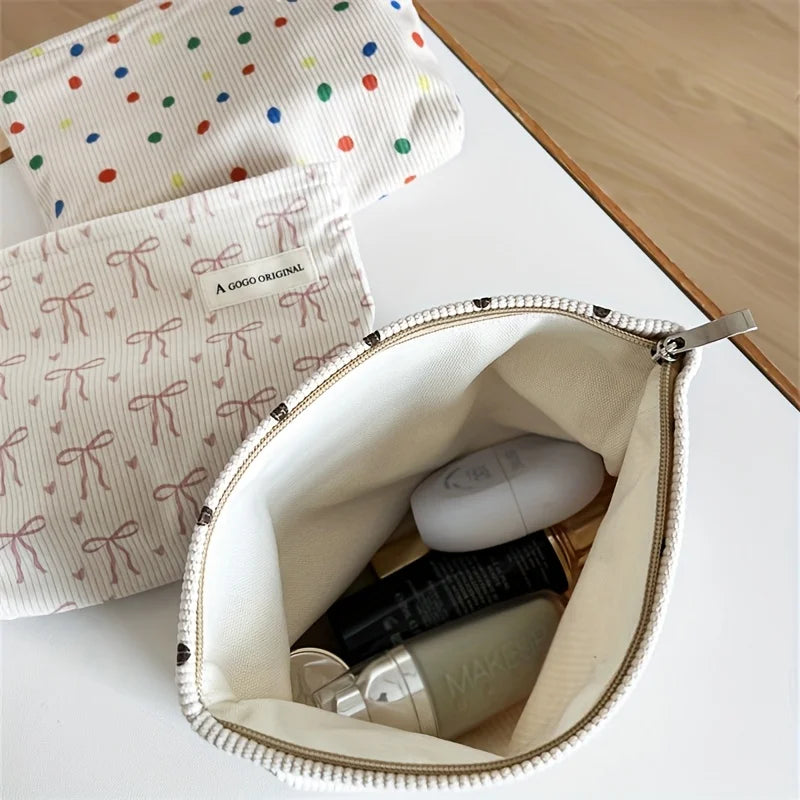 Ladies large minimalist style makeup bag - Elegant zipper travel storage bag with bow pattern, durable handbag