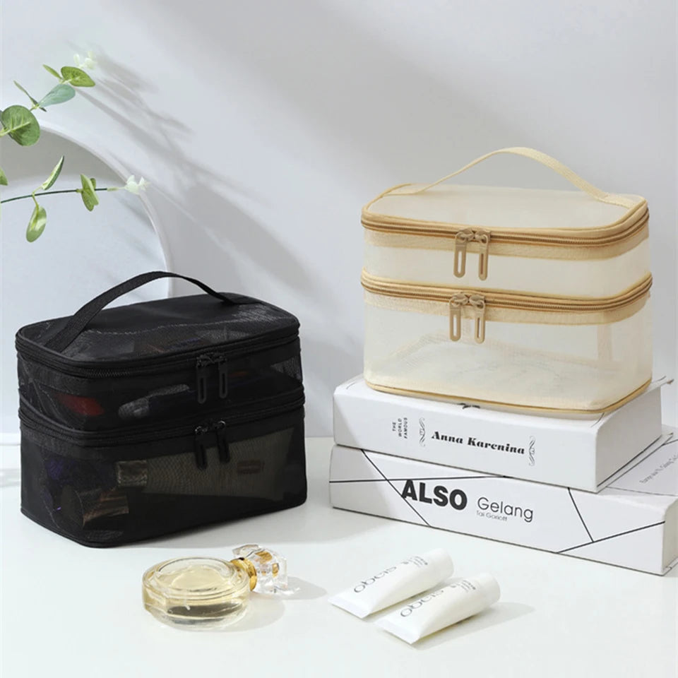 Double Layer Mesh Makeup Bag, Wash Bag, Women's Portable New Large Capacity Storage Bag, Cosmetics Storage Bag