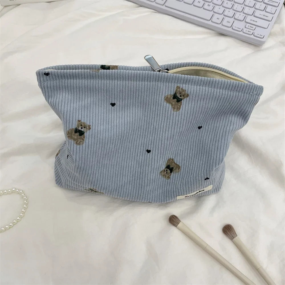 Cute Cartoon Bear Women's Corduroy Cosmetic Bags Portable Ladies Clutch Purse Lipstick Makeup Case Commute Female Storage Bag
