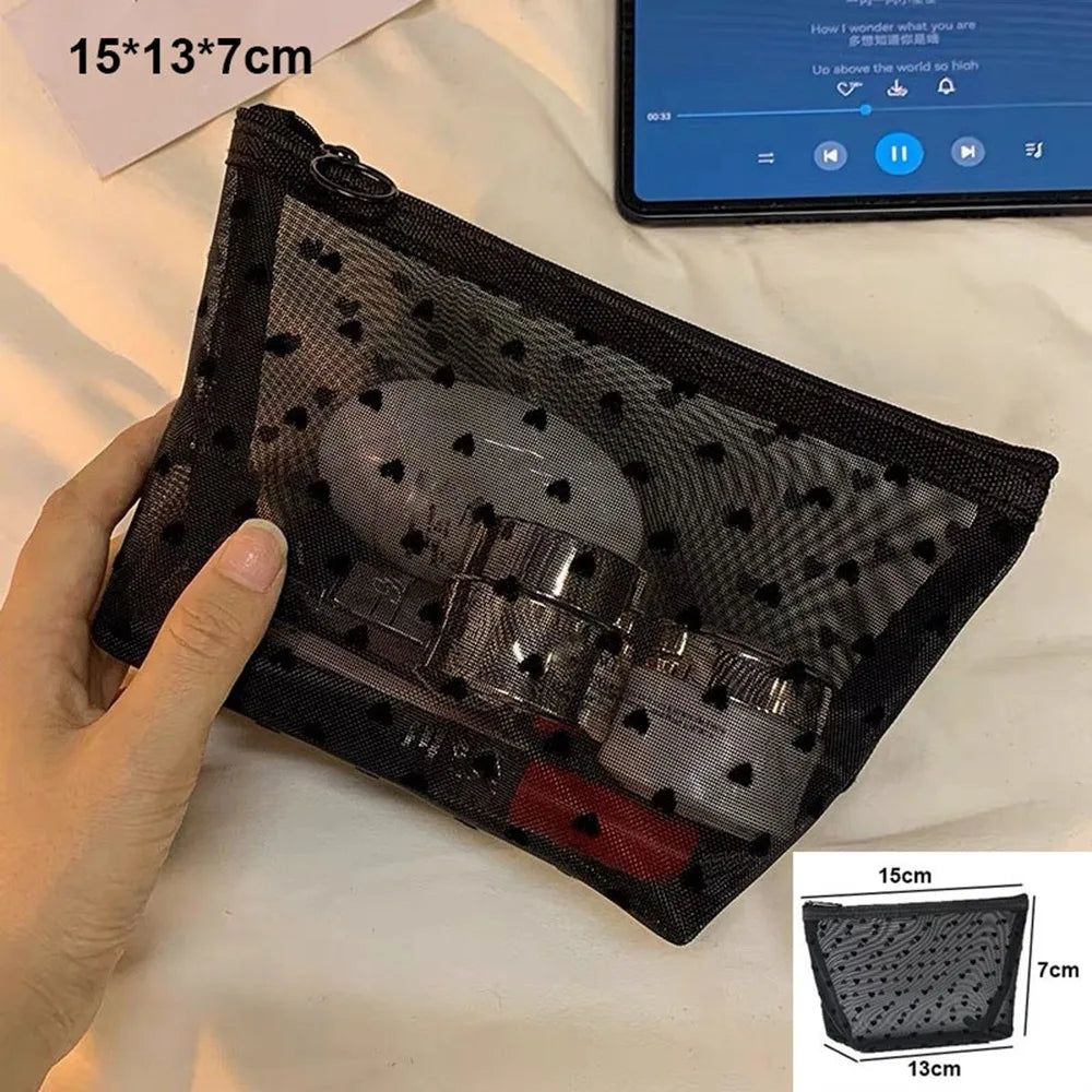 Heart Transparent Mesh Makeup Bag Multifunction Black/Pink Women Cosmetic Storage Pouch Portable Ladies Toiletry Storage Bag