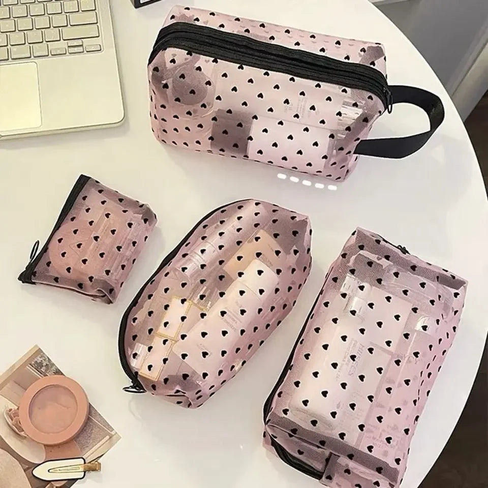Heart Transparent Mesh Makeup Bag Multifunction Black/Pink Women Cosmetic Storage Pouch Portable Ladies Toiletry Storage Bag