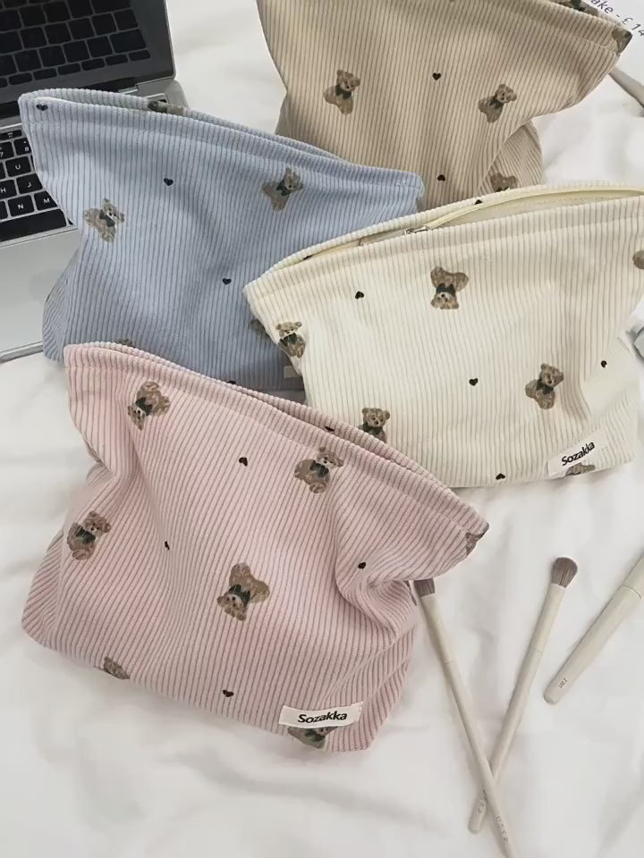 Cute Cartoon Bear Women's Corduroy Cosmetic Bags Portable Ladies Clutch Purse Lipstick Makeup Case Commute Female Storage Bag